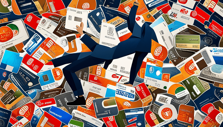 An image that depicts a person standing on a mountaintop, surrounded by a vast ocean of torn credit cards, symbolizing the liberation and relief of credit card debt forgiveness