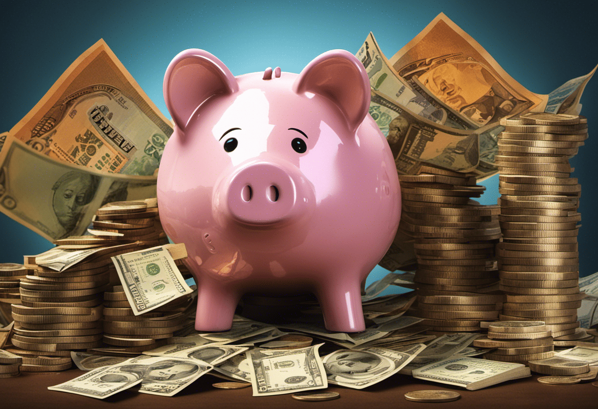 An image showcasing a piggy bank being filled with unexpected sources of income, such as a winning lottery ticket, a freelance gig, spare change, a garage sale, and a refund check