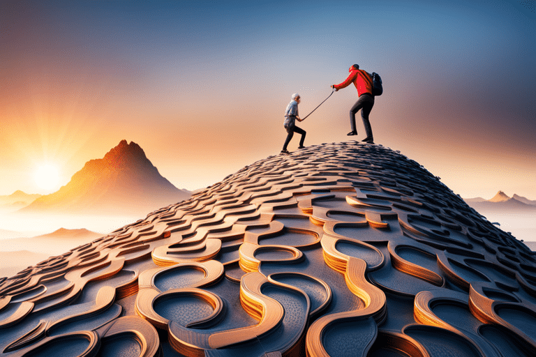 An image of a middle-aged person climbing a mountain made of coins, reaching towards a nest egg at the peak, symbolizing the effort to boost retirement savings.