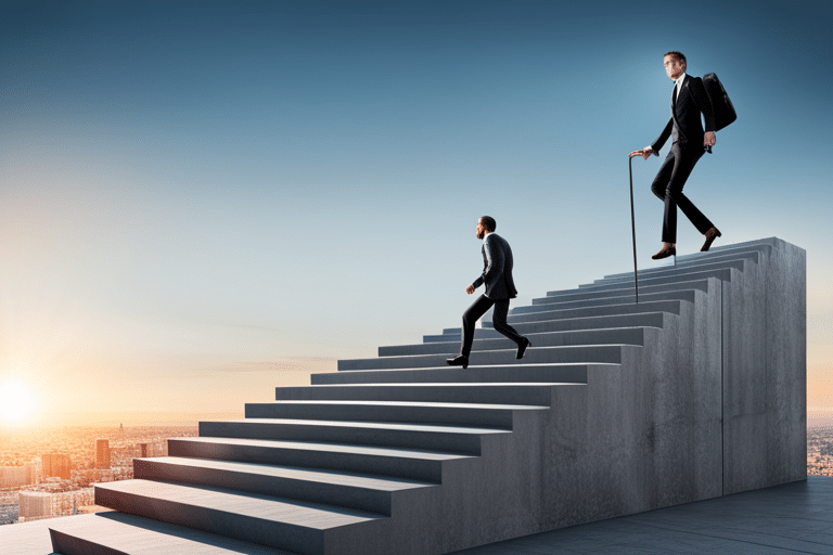 Person confidently climbing a symbolic staircase of financial freedom with each step representing different aspects of debt management like budgeting, saving, and repaying debts