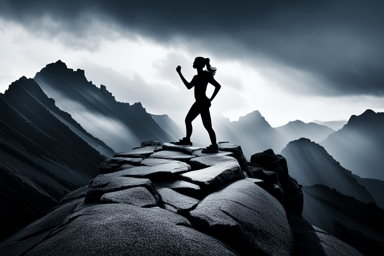 Silhouette of Jane triumphantly climbing a mountain, symbolizing her journey to financial freedom with dark storm clouds in the background representing hurdles she overcame to clear $50,000 debt in 2 years