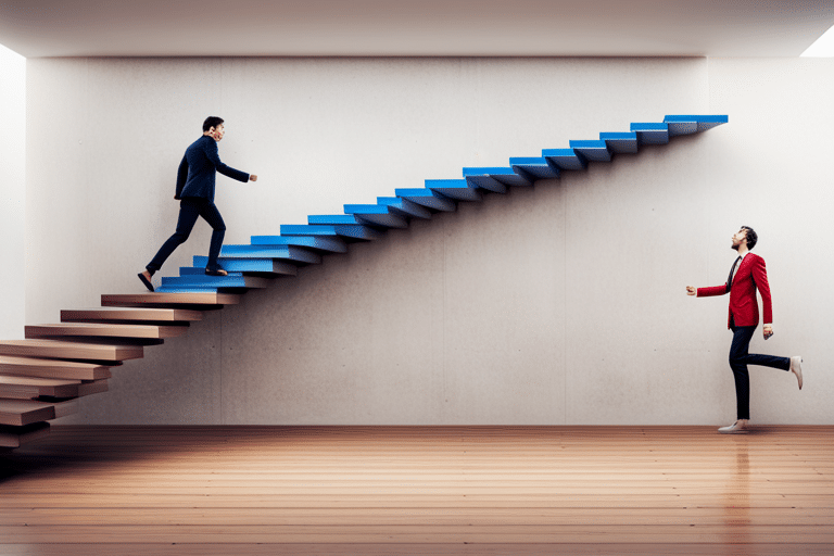 Person climbing debt staircase of credit cards and loans toward a room symbolizing financial freedom and advantages of debt consolidation