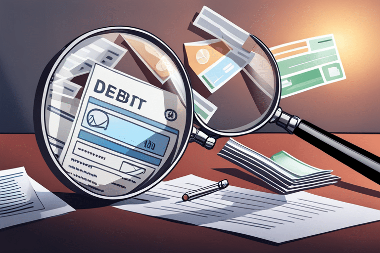 Magnifying glass highlighting diverse debts on table including bills, credit card statements, and loan documents for effective implementation of Snowball Method