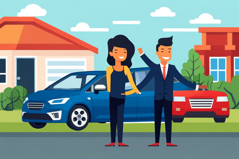 Person with radiant smile standing confidently in front of a new car, luxurious house and variety of credit cards symbolizing the power of a good credit score