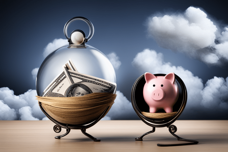 Show a balanced scale with a nest egg and dollar bills on one side, and potential risks like a broken piggy bank and stormy clouds on the other.