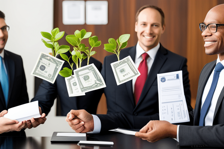 Show a diverse group of employees receiving 401(k) documents from their boss, with symbols of growth (like sprouting plants) emanating from the papers.