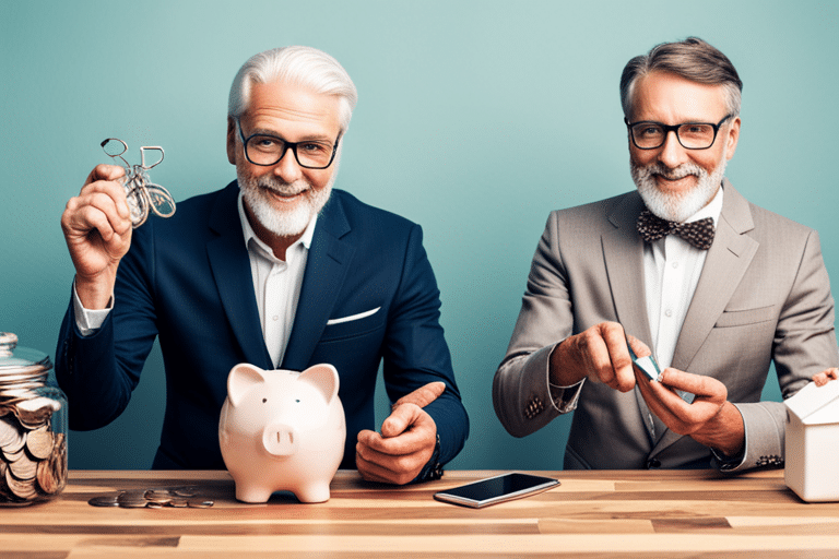 Show a middle-aged person decluttering luxury items, examining a piggy bank, and swapping a fancy car for a bicycle, all within a retirement savings jar.