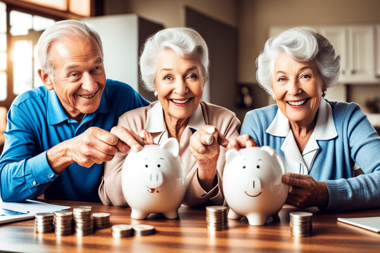 Show a senior couple joyfully examining a golden nest egg, with a Social Security card and various investment symbols like piggy banks, dollar signs, and a rising graph in the background.