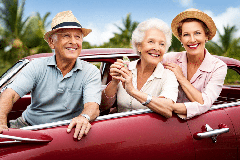 Show an elder couple happily traveling in a vintage car, a piggy bank in the backseat, with a roadmap, highlighting the journey from a corporate building to a beach house.