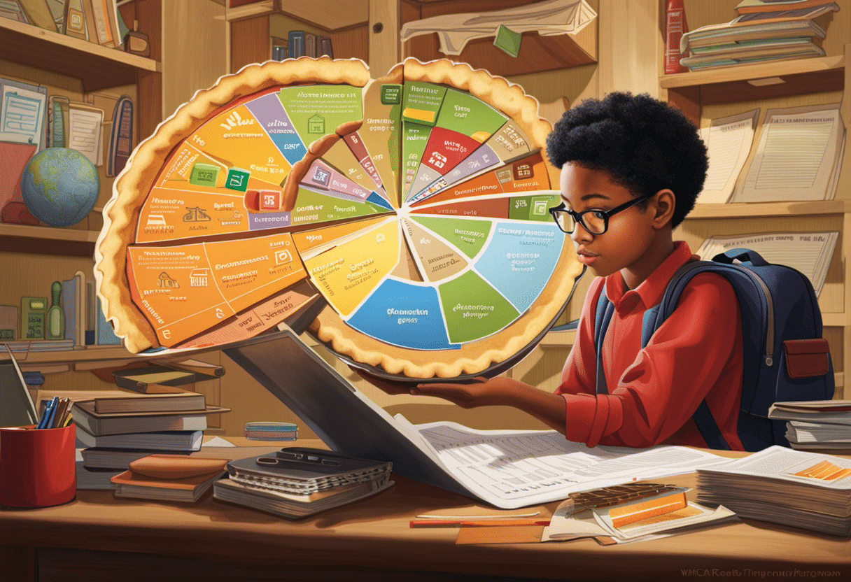 Ge featuring a student analyzing a pie chart that represents their income and expenses, with clear division between education, housing, food, transportation, and personal expenses