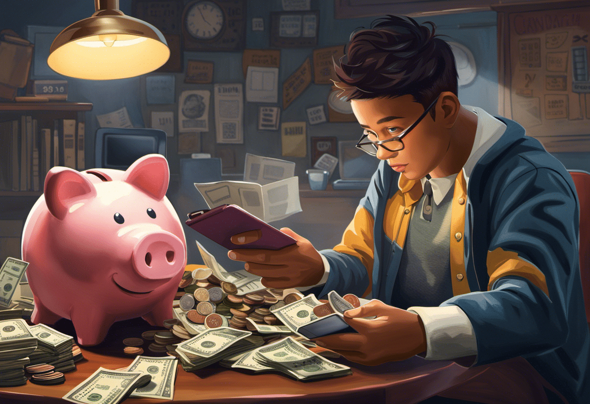 An image featuring a student holding a piggy bank in one hand and a calculator in the other, with a desk full of bills, coins, and a balanced meal in the background