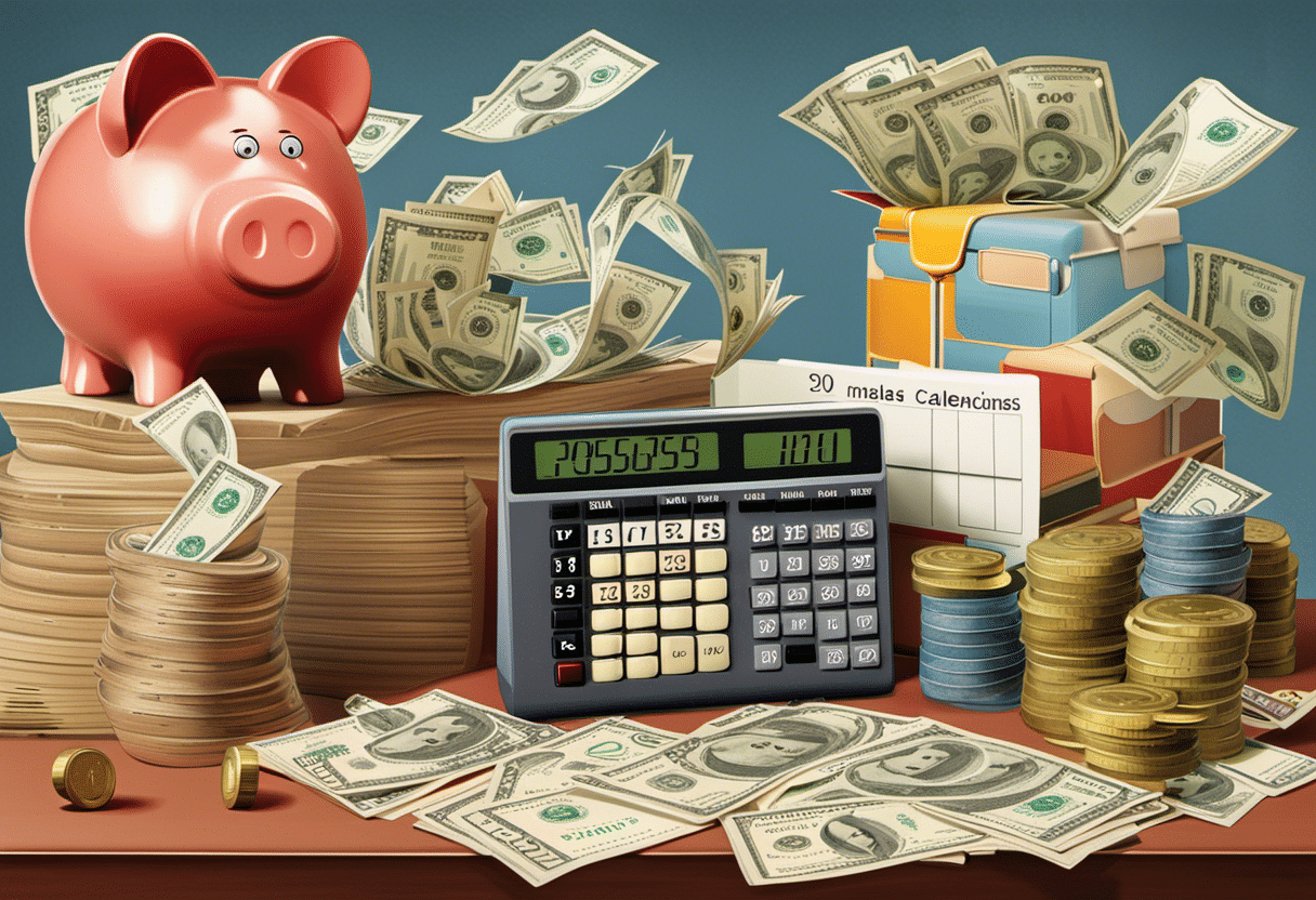 Ge depicting a calendar marked with various holidays and special occasions, a calculator, a piggy bank, and divided stacks of bills symbolizing a planned budget