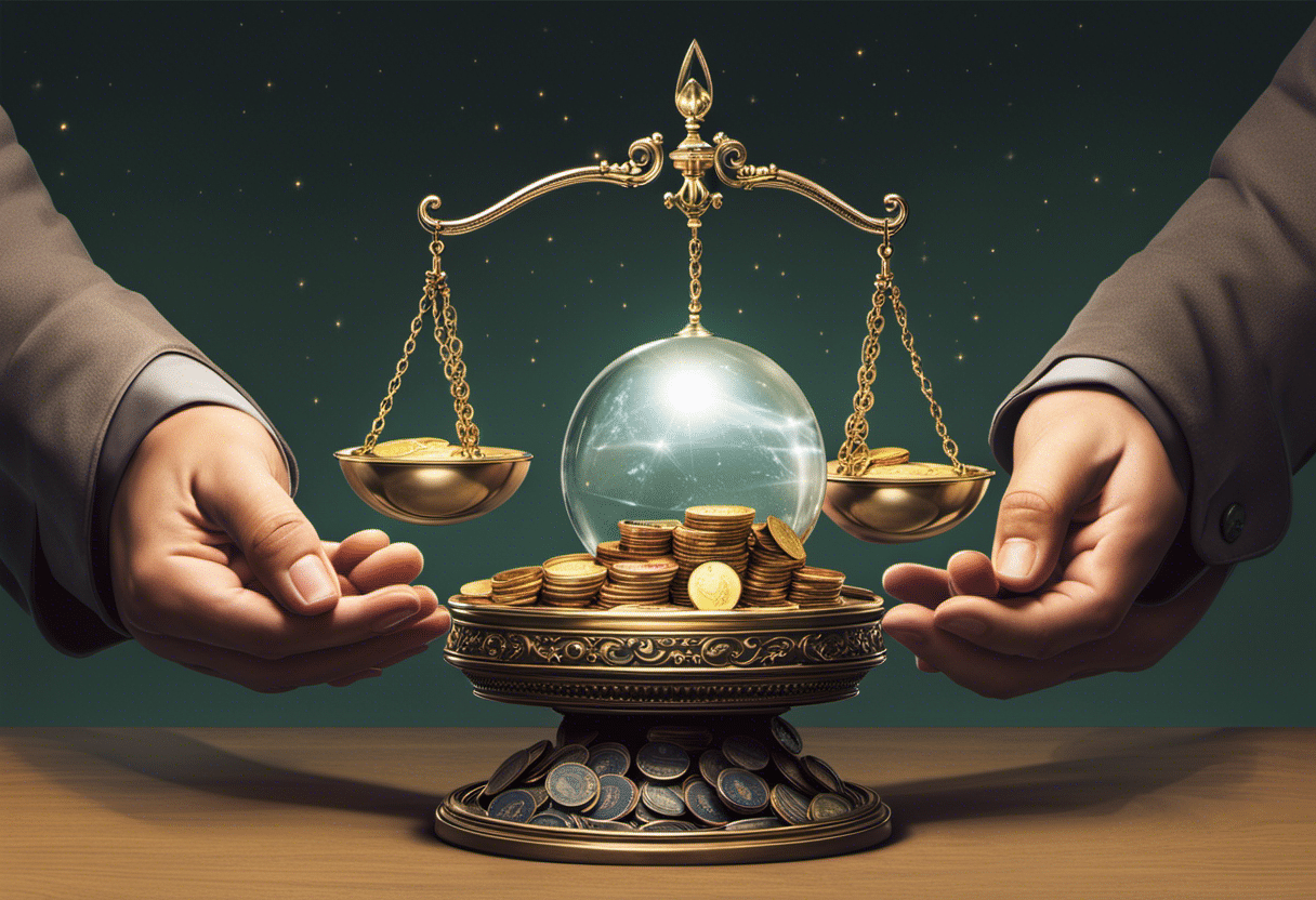 O hands holding scales, one side with coins (representing budgeting) and the other with a crystal ball (representing forecasting)