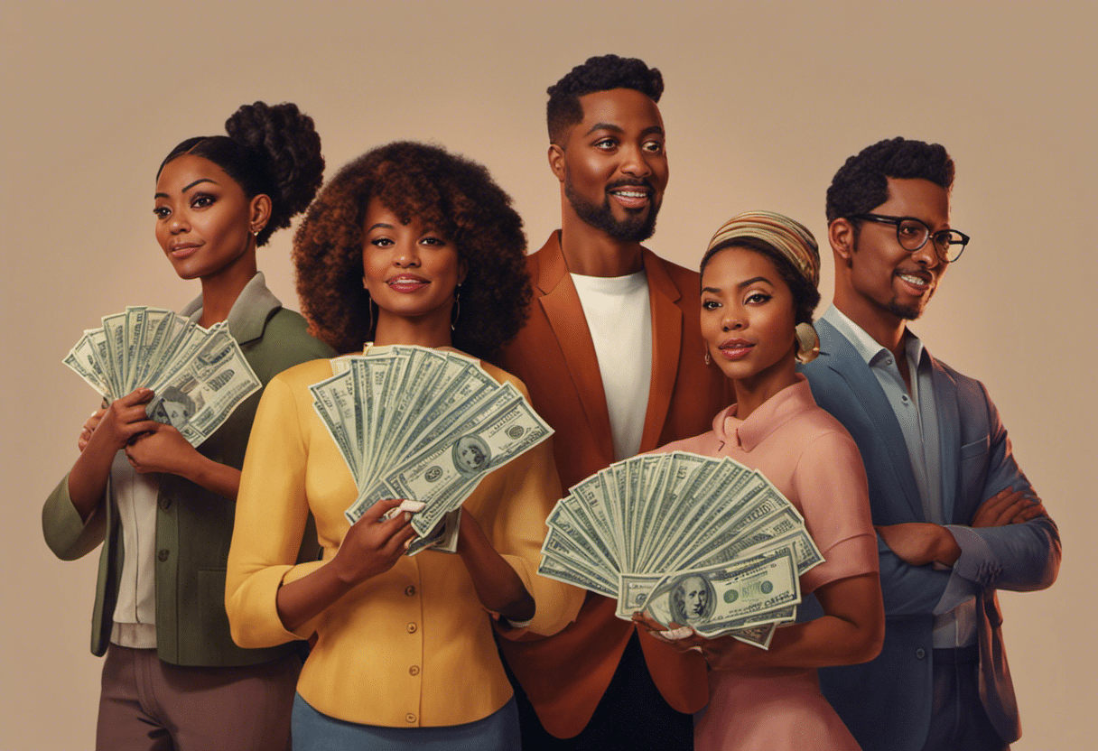 An image showcasing a diverse group of people, each holding a stack of money representing different down payment percentages (e