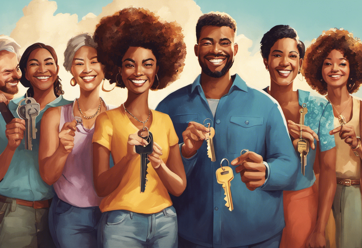 An image showcasing a diverse group of people smiling and holding a variety of keys, symbolizing the accessibility and benefits of down payment assistance programs and grants