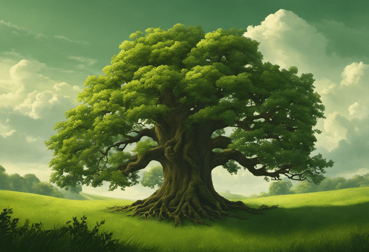 Create a visual representation of a sturdy oak tree, standing tall and rooted in a lush green field