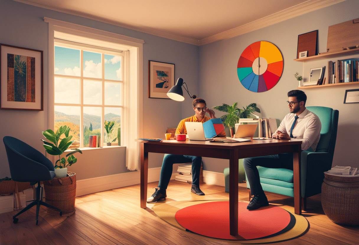 Y a person examining a colorful pie chart representing their current financial situation, with different expenses and savings, in a cozy, minimalist home-office setting