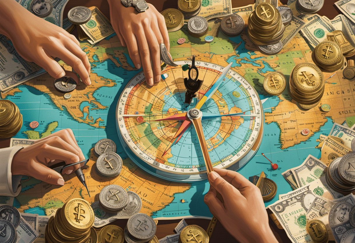 F a pair of hands recalibrating a compass over a vibrant, detailed map, with various financial symbols like dollar signs, piggy bank, coins, and a calculator scattered around