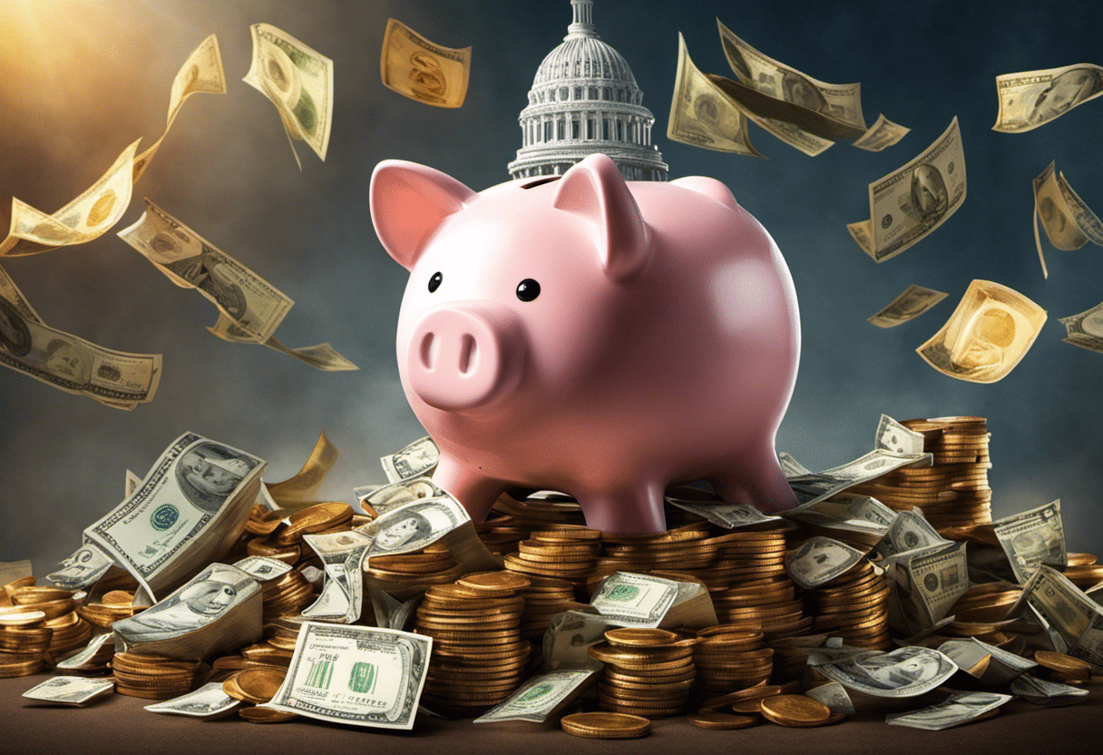 An image of a piggy bank sitting atop a pile of coins and dollar bills, surrounded by a diverse range of financial goals - a house, a car, education, retirement - symbolizing the steps to build a robust emergency fund