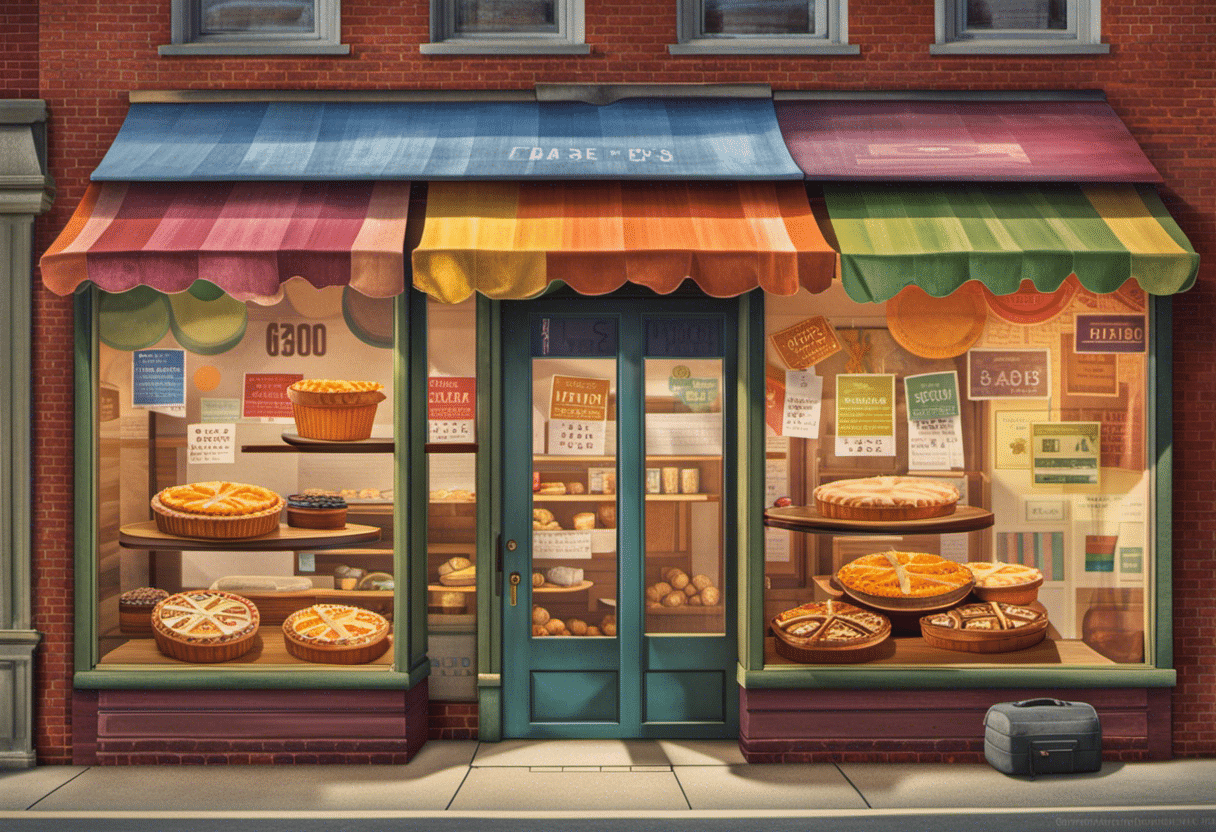 small business storefront with a pie chart in the foreground, each slice colored differently, representing different budget categories, and a pencil and calculator nearby