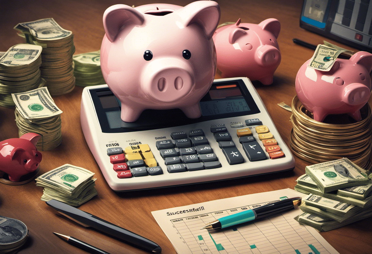 An image showcasing a meticulously organized spreadsheet with income and expense categories, color-coded graphs illustrating savings progress, and a piggy bank overflowing with money, symbolizing the successful implementation of a realistic budget