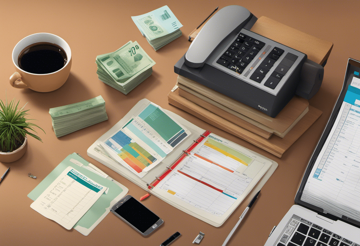 An image showcasing a neatly organized desk with a monthly budget spreadsheet, alongside a pile of canceled subscriptions and bills