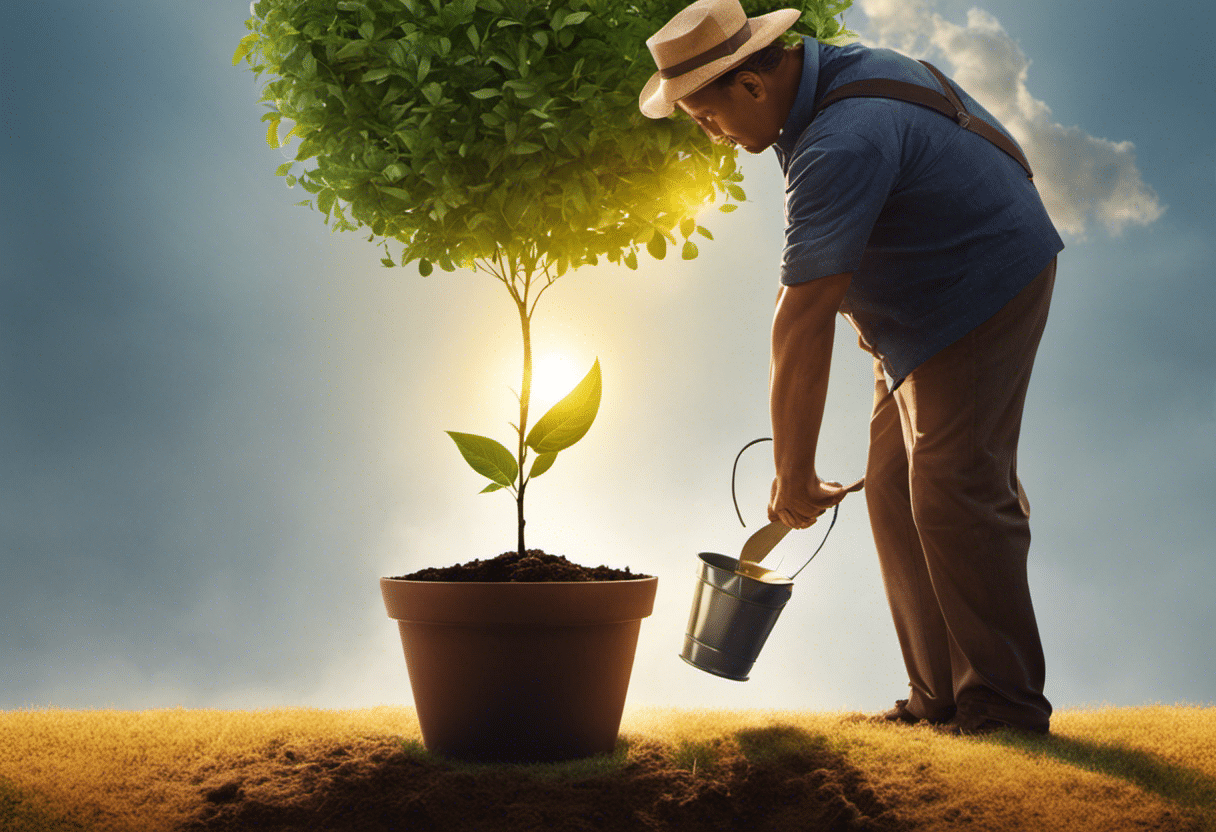 E of a parent planting a small tree (symbolizing a college fund) in a pot (symbolizing investment) with a sun (symbolizing growth) shining brightly above