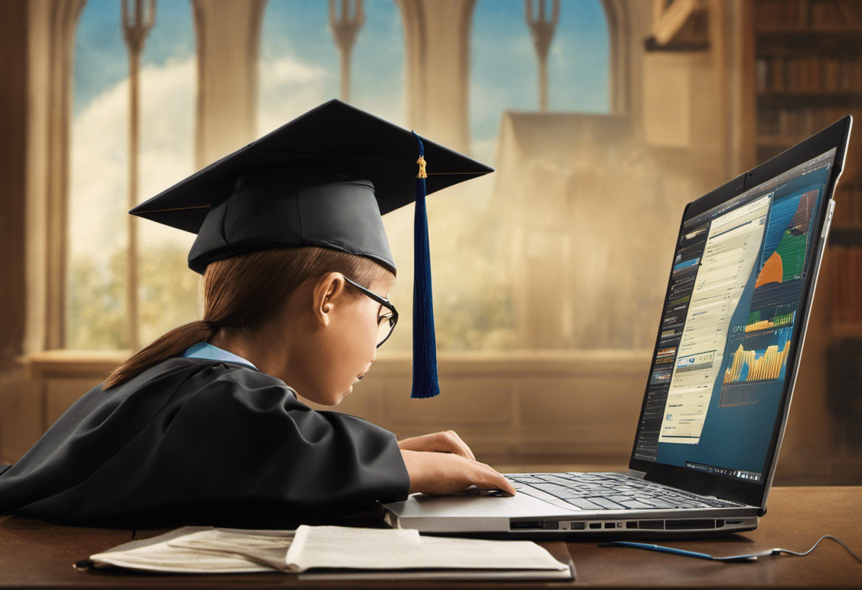 E of a parent reviewing a graph showing the growth of a college fund on a laptop, with a graduation cap on the side