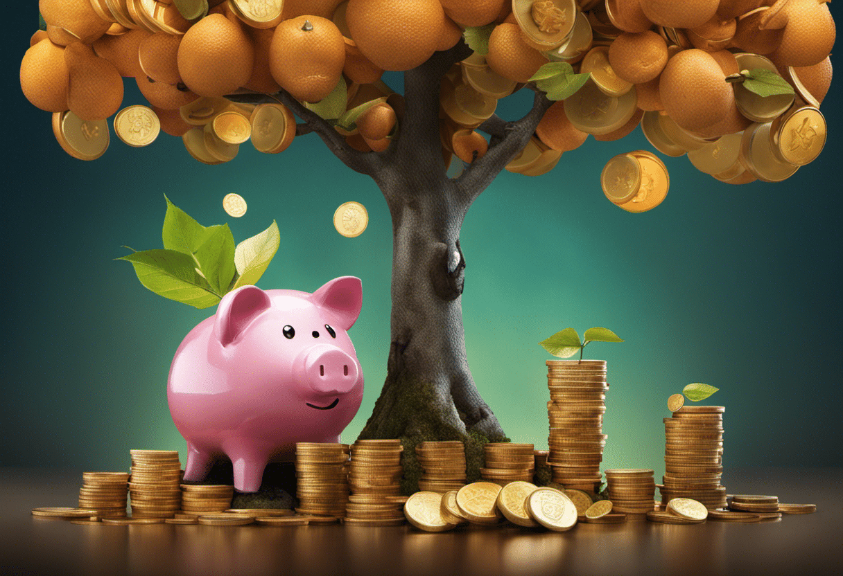 An image featuring a piggy bank gradually filling up with coins, a growing tree with graduation cap fruit, and a baby-to-adult transition