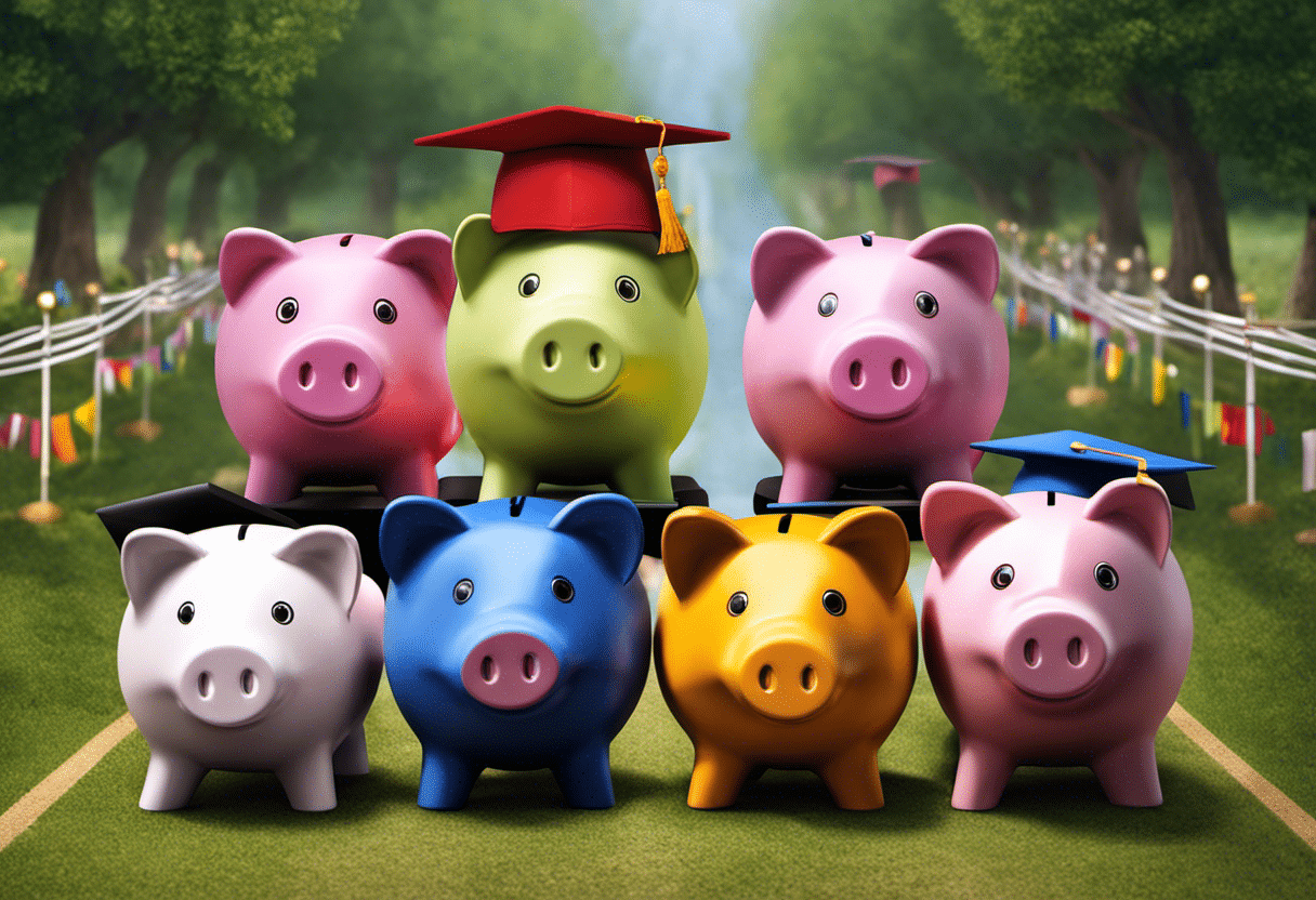  an image showcasing diverse piggy banks, each labelled with different college savings plan logos, placed on a path leading to a graduation cap at the end