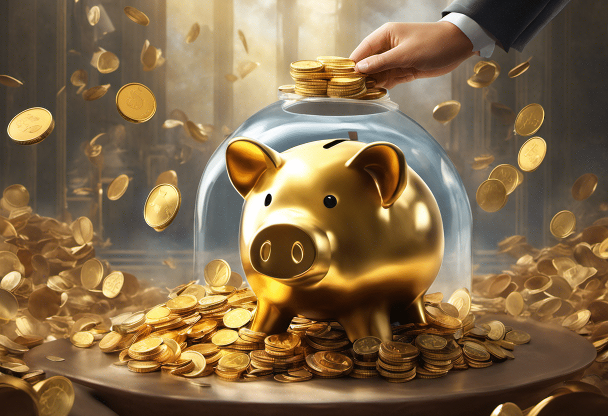 Ize a parent gently placing a golden coin into a transparent piggy bank shaped like a graduation cap, with a growing pile of coins inside, symbolizing regular contributions to a college fund