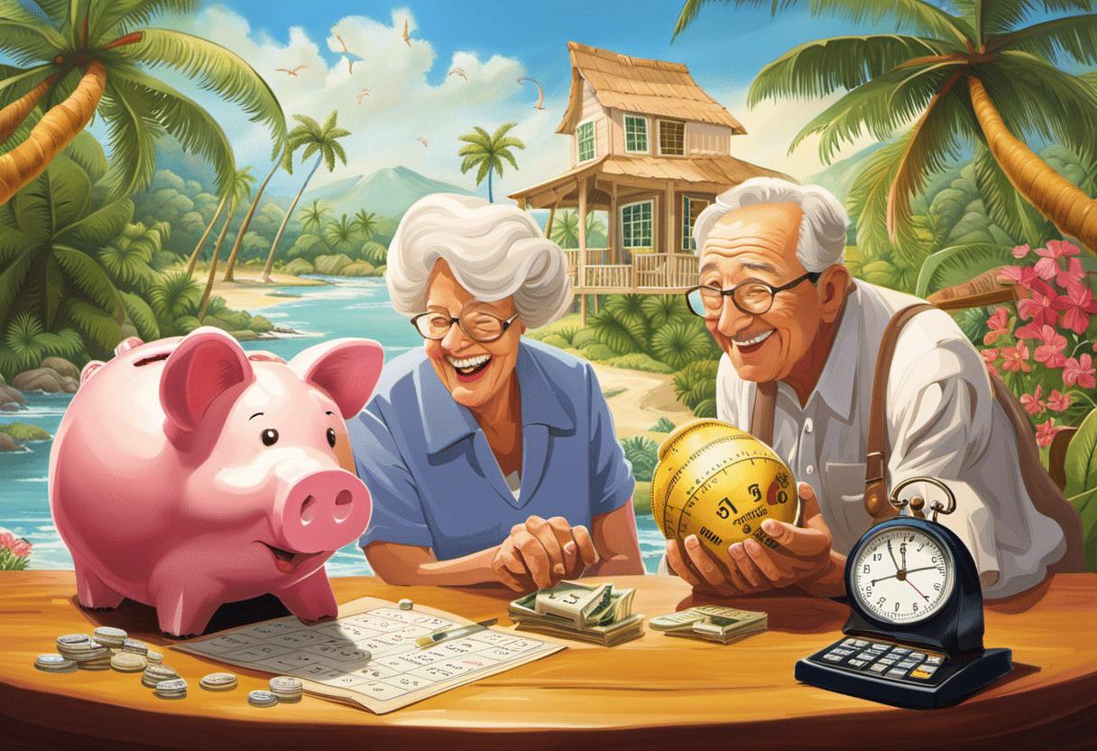 Rly couple joyfully examining a piggy bank, surrounded by a calendar, calculator, home model, and tropical vacation background, all encapsulated within a giant hourglass