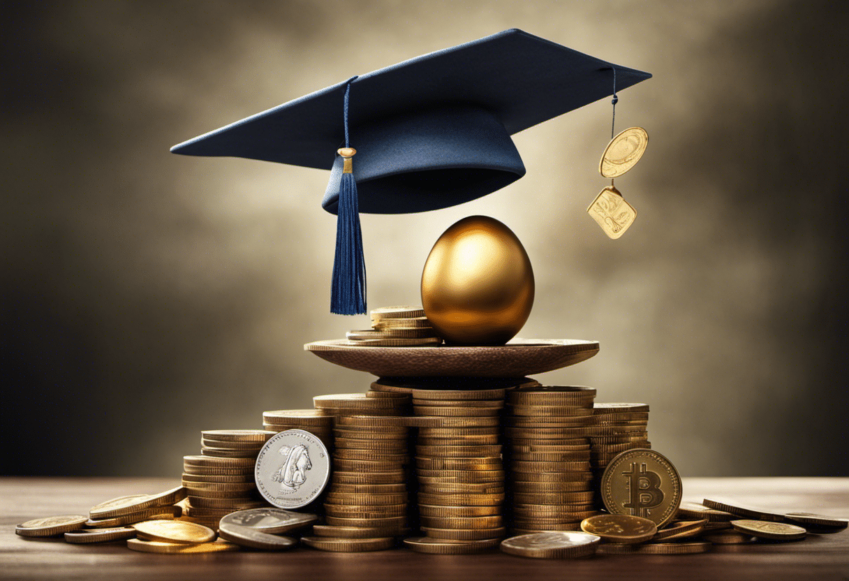 E showing a balanced scale, one side with a graduation cap and the other with a retirement nest egg, both standing on a pile of bills and coins