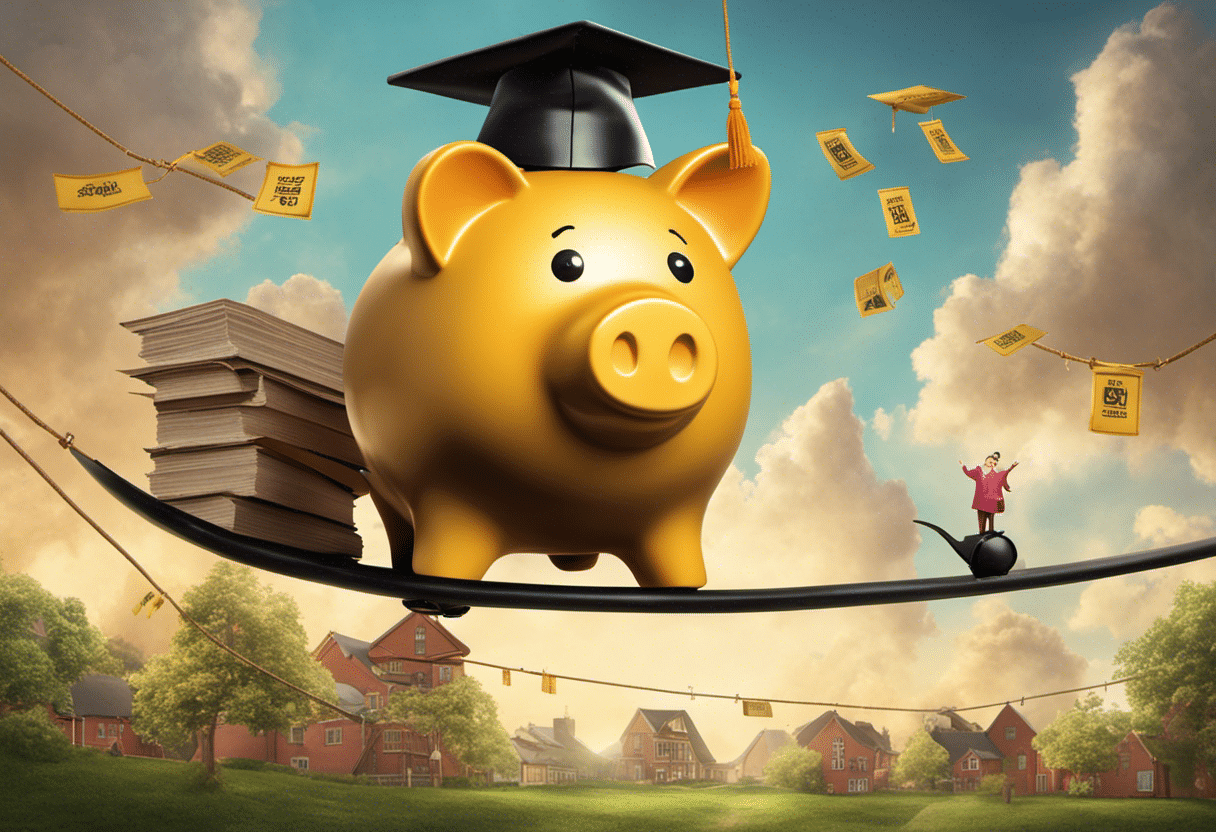 E showing a parent on a tightrope, balancing a piggy bank labeled 'Retirement' and a graduation cap labeled 'College Fund', with different college saving plan symbols underneath