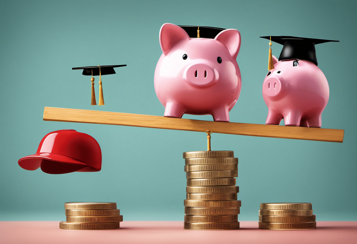  seesaw balancing two piggy banks, one wearing a graduation cap, and the other a retirement hat, placed over a financial graph background, indicating growth