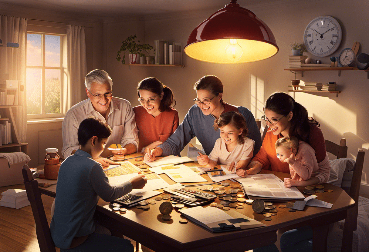 E of a family joyfully planning finances at a table, with spreadsheets, a calculator, piggy bank, and scattered coins, under a ceiling light