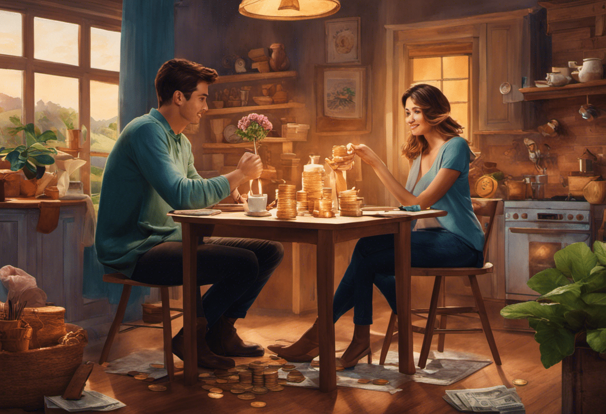 An image showcasing a young couple sitting at a cozy table, surrounded by a visual representation of their financial journey towards purchasing their dream home - from saving money in a piggy bank to stacking coins towards a growing down payment fund