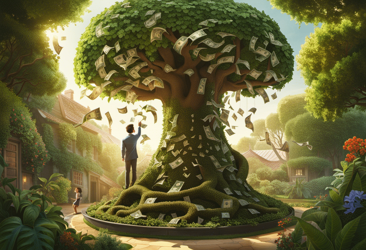 Ividual joyfully examining a growing money tree, with roots shaped like dollar signs, in a well-tended garden, surrounded by symbols of travel, education and home within a bright, minimalist setting