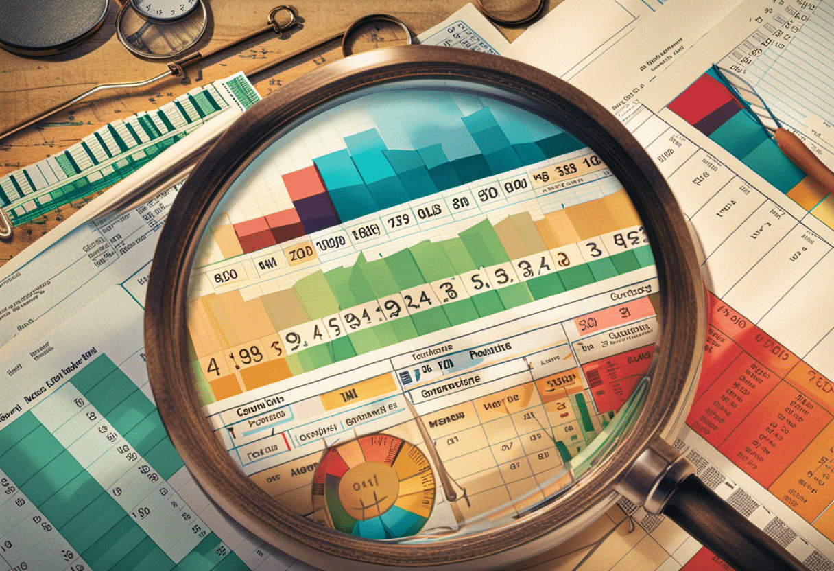  magnifying glass examining a detailed spreadsheet of monthly expenses, with colorful pie charts showing income and expense percentages, and a broken chain in the background