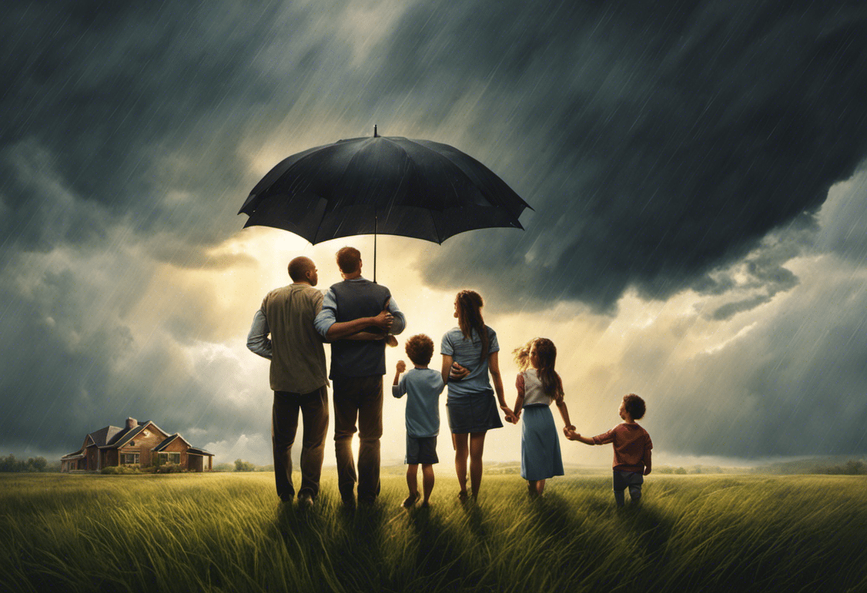 An image showcasing a diverse family surrounded by a stormy sky, symbolizing unexpected financial crises