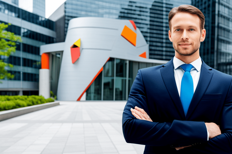 Confident young entrepreneur in suit standing in front of modern office building with vibrant logo, symbolizing business protection through life insurance