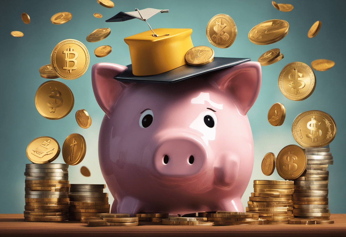  an image featuring a student piggy bank growing larger with each coin inserted, surrounded by academic icons like books, graduation cap, and calculator, symbolizing the importance of saving