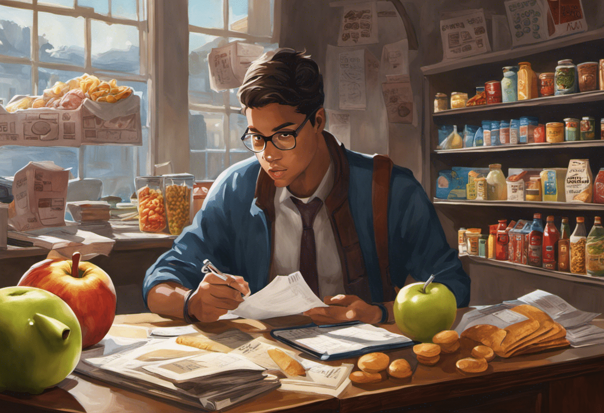 Ge of a student at a desk, calculator and notepad nearby, analyzing grocery receipts, with a piggy bank, discounted food items, and a bicycle in the background