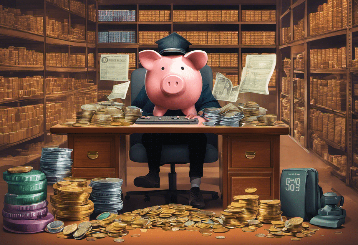 E of a student at a desk, surrounded by stacks of coins, a calculator, student loan paperwork, and a piggy bank labeled "savings"