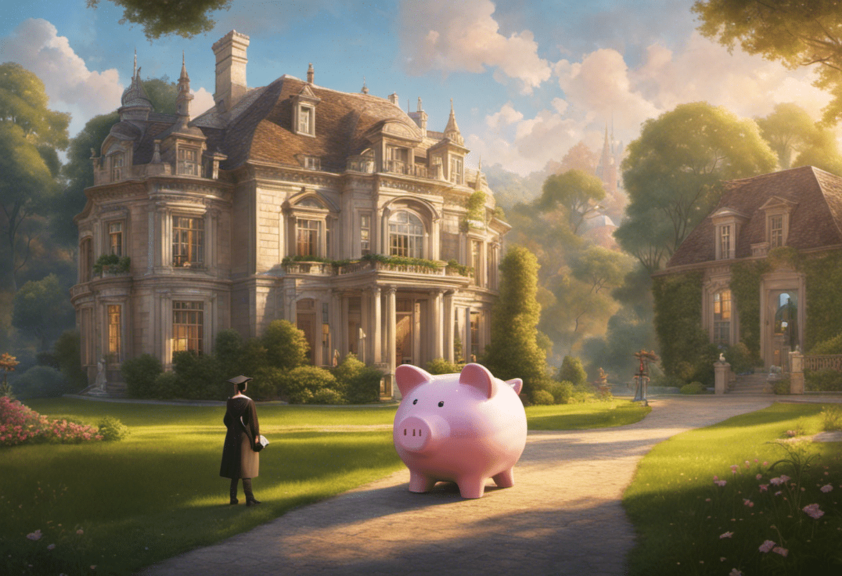  graduating student staring at a road bifurcating into two - one path leading to a luxurious mansion, the other towards a humble cottage, all inside a transparent piggy bank