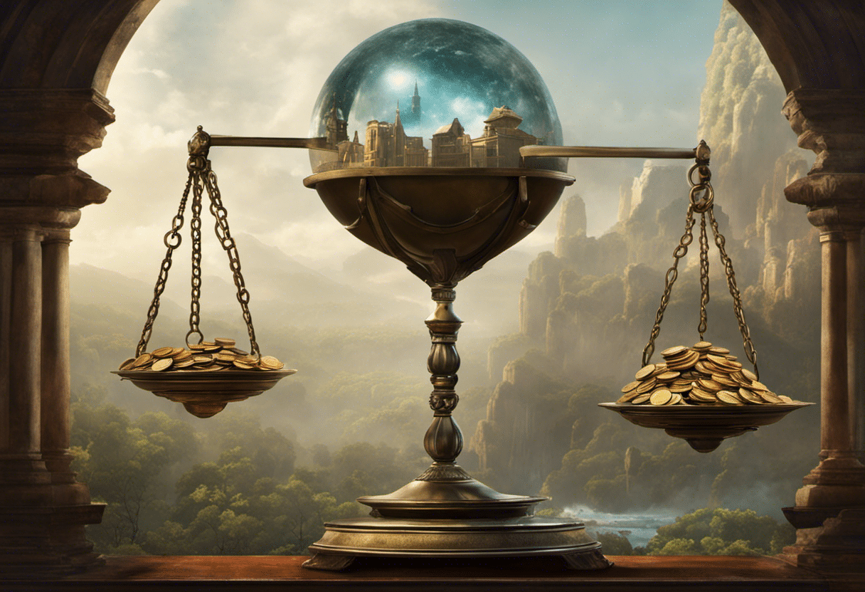 Wo hands balancing scales, one side with coins (budgeting), the other with a crystal ball (forecasting)