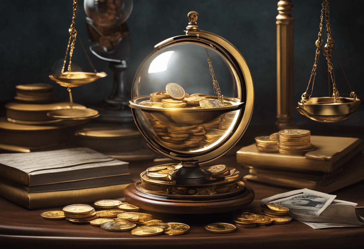  balance scale with coins on one side representing budgeting and a crystal ball on the other side symbolizing forecasting, with a financial planner using a magnifying glass to study them