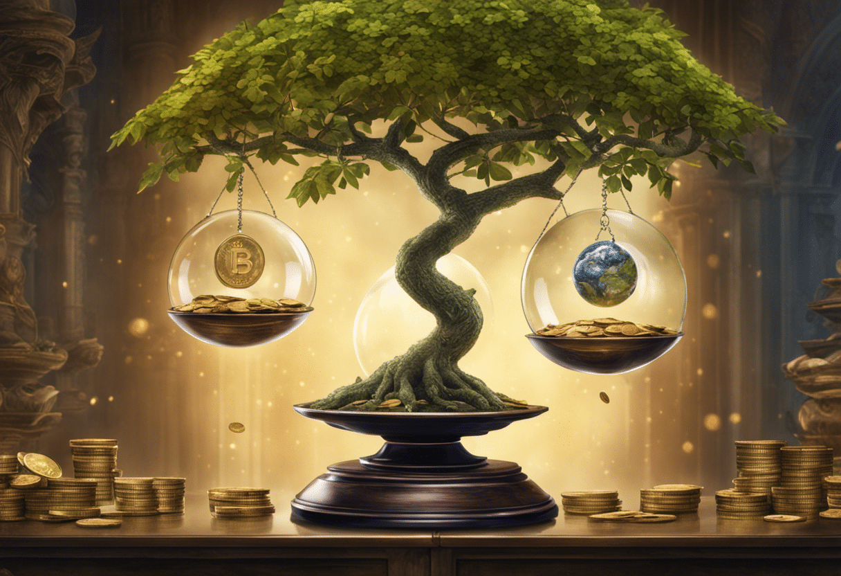 Ds balancing a scale with coins on one side and a crystal ball on the other, against a background of a healthy, flourishing money tree