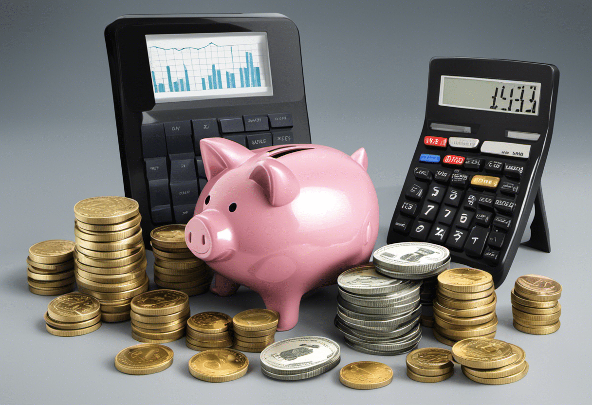 An image depicting a piggy bank being filled with coins and dollar bills, surrounded by a variety of financial tools such as a calculator, a budget planner, and a graph showing an upward trend, representing the tips for maintaining and growing an emergency fund