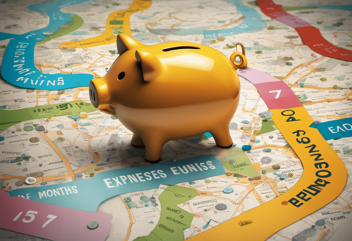 An image of a piggy bank surrounded by a colorful road map, with milestones labeled "3 months' expenses" and "6 months' expenses," symbolizing the journey of setting and achieving financial goals for your emergency fund